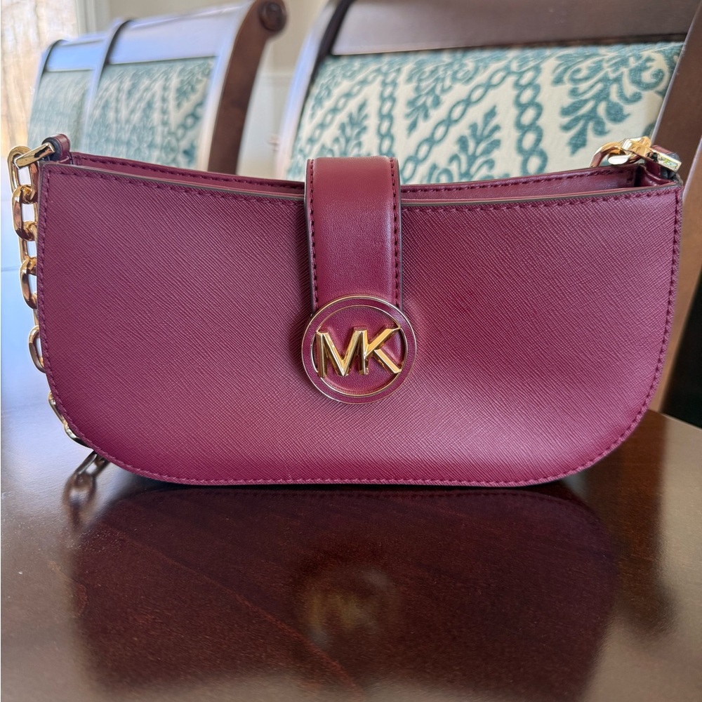 Michael Kors Wine Leather Shoulder Bag with Gold Chain